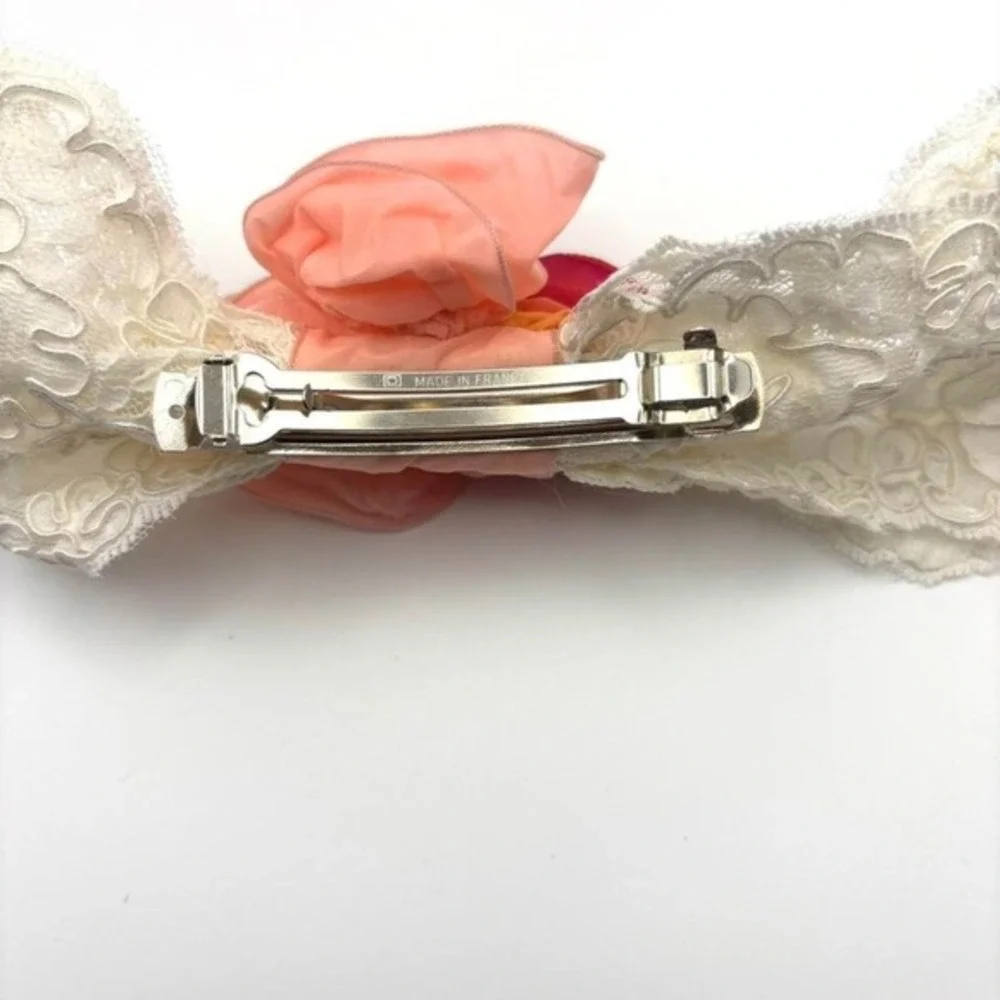 Vintage Made in France Pink Peach Rose Floral Lace Hair Clip Barrette Accessory